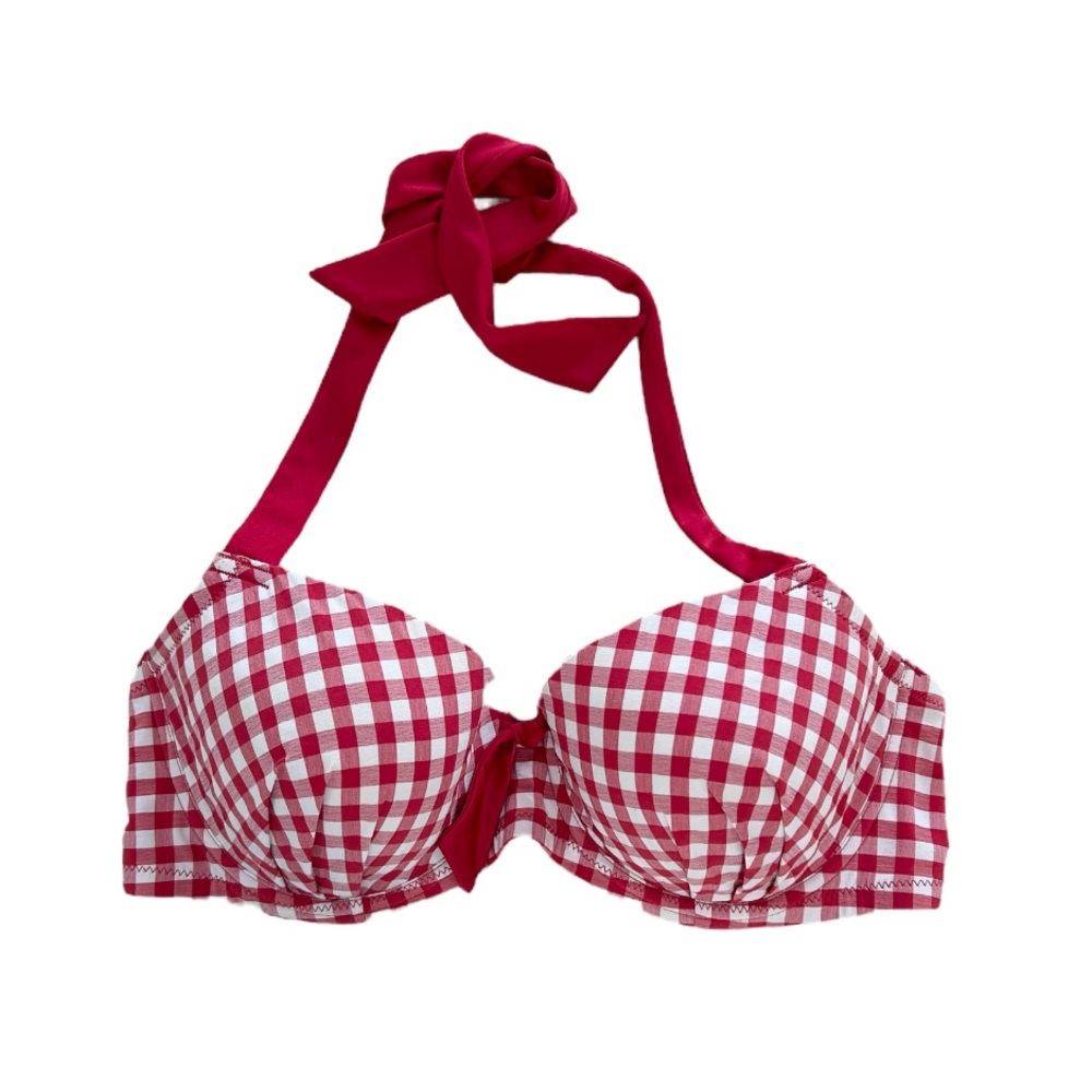 Pour Moi Red and White Gingham Halter Fuller Bust Bikini Top